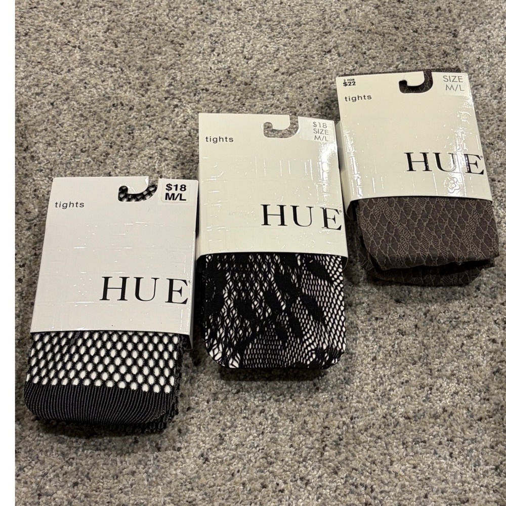 HUE Tights Lot 3 Pairs Black Fishnet Net Bloom & Taupe Snake Print Size M/L NEW